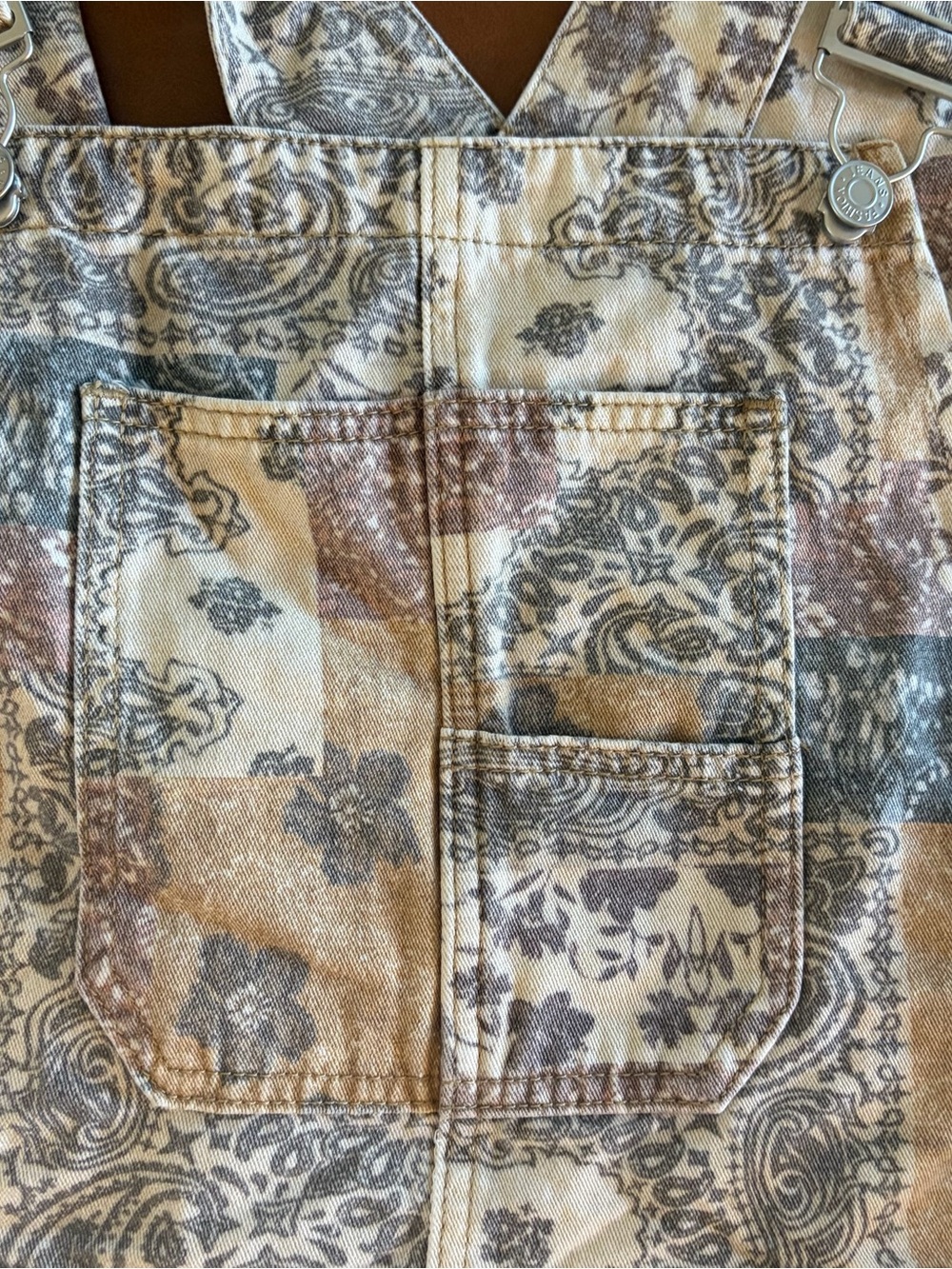 Avola Boho Print Women’s Denim Overall Taupe Multi NWT Anniewear fits like large